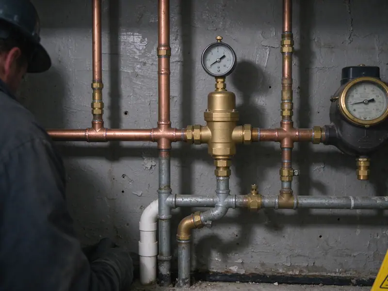 A brass pressure reducing valve and a round dial gauge on a copper main line next to a water meter in a basement, painted concrete wall