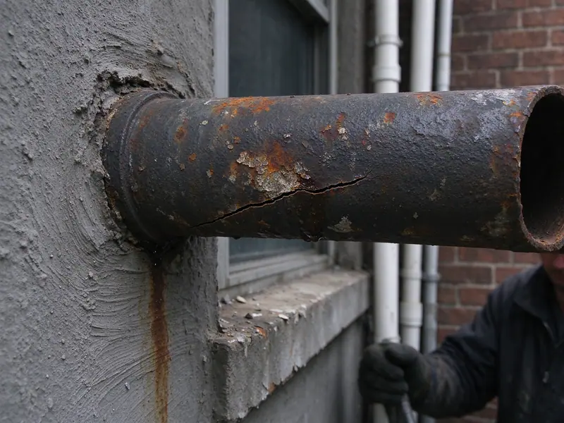 Close view of an old cast iron drain pipe with flaking rust scale and a long hairline crack along its underside, a rust stain on the plaster below