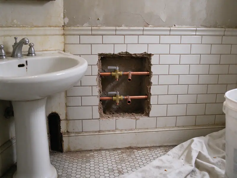 New copper hot and cold supply stub-outs with brass shutoff valves in an opened tile wall below a pedestal sink in a 1920s Brooklyn bathroom