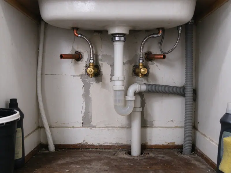 Under a sink in a prewar Manhattan apartment: copper supply stubs with brass angle stops coming out of a patched plaster wall
