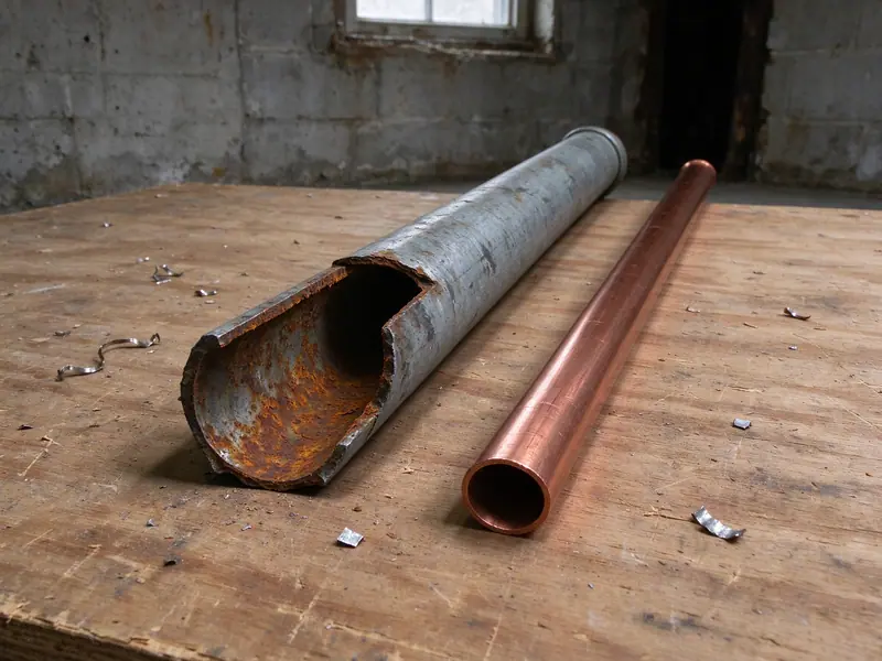 A section of old galvanized water pipe cut open to show rust narrowing the inside, next to new copper tubing on a basement workbench in Queens