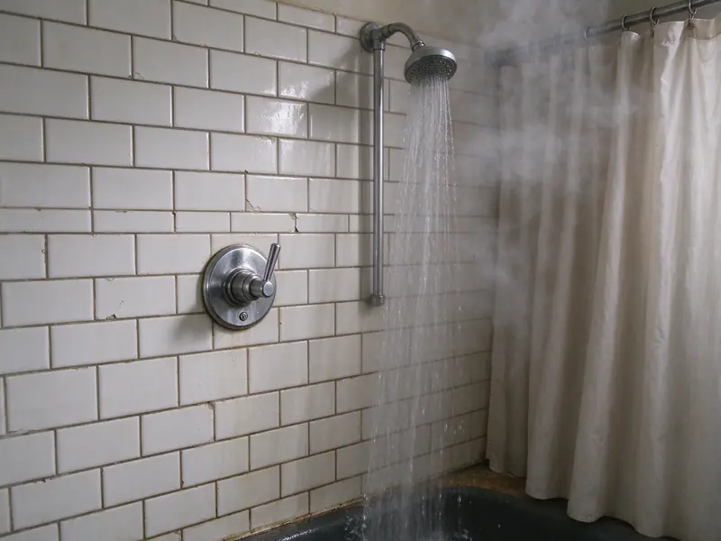 Hot water and steam from a shower head over white subway tile in a prewar apartment bathroom