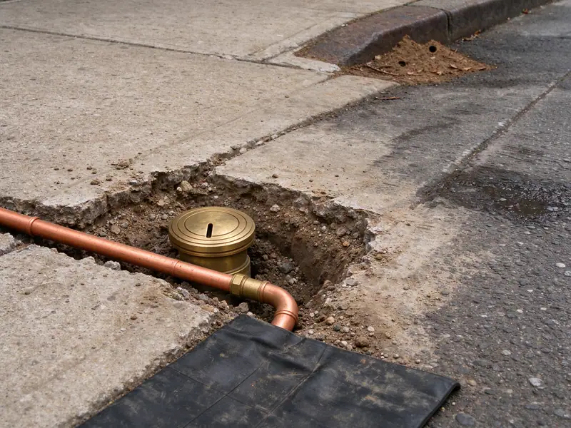 A new brass curb valve box and new bare copper service pipe exposed in a small excavation at a sidewalk curb in Brooklyn