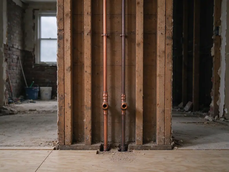 New copper hot and cold supply lines rising between bare studs to capped stub-outs during a Brooklyn gut renovation