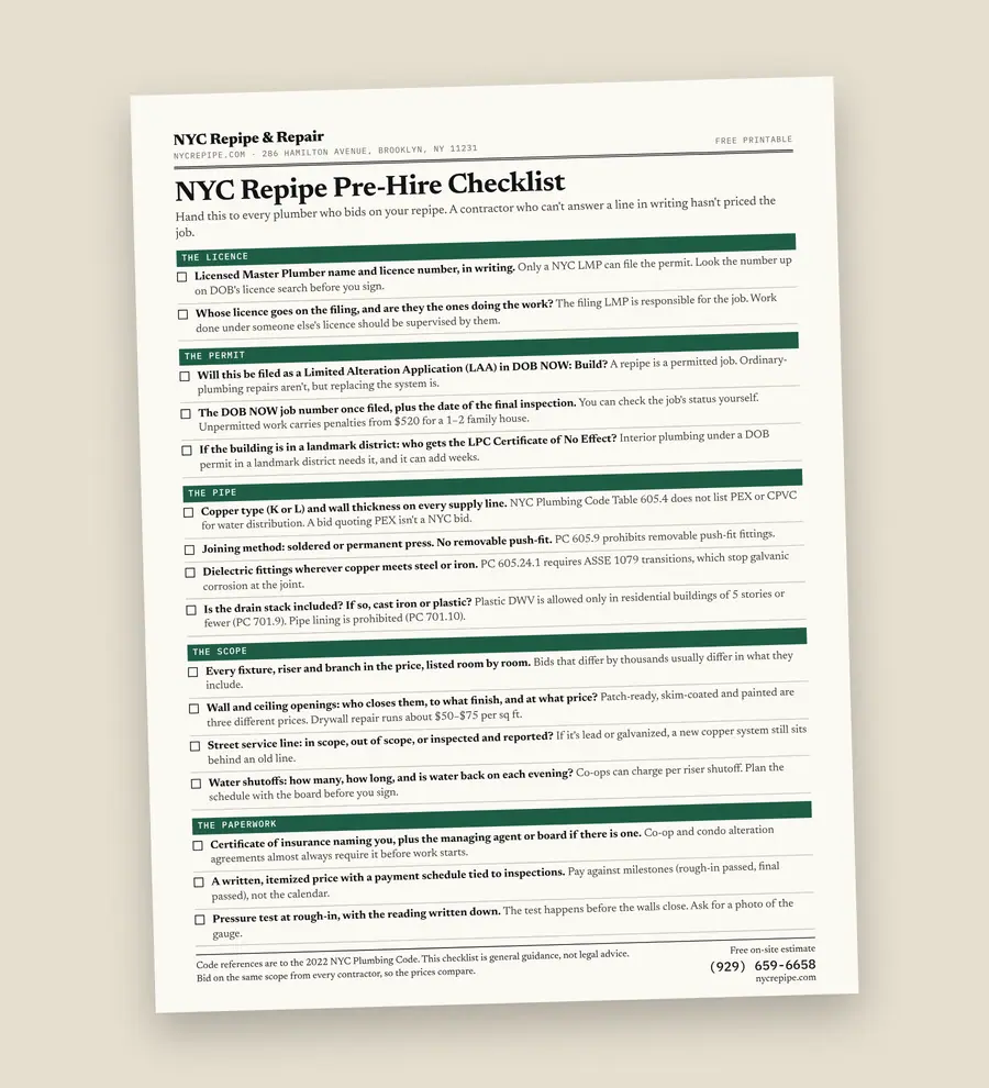 The one-page NYC Repipe Pre-Hire Checklist: licence, permit, pipe, scope and paperwork questions with tick boxes