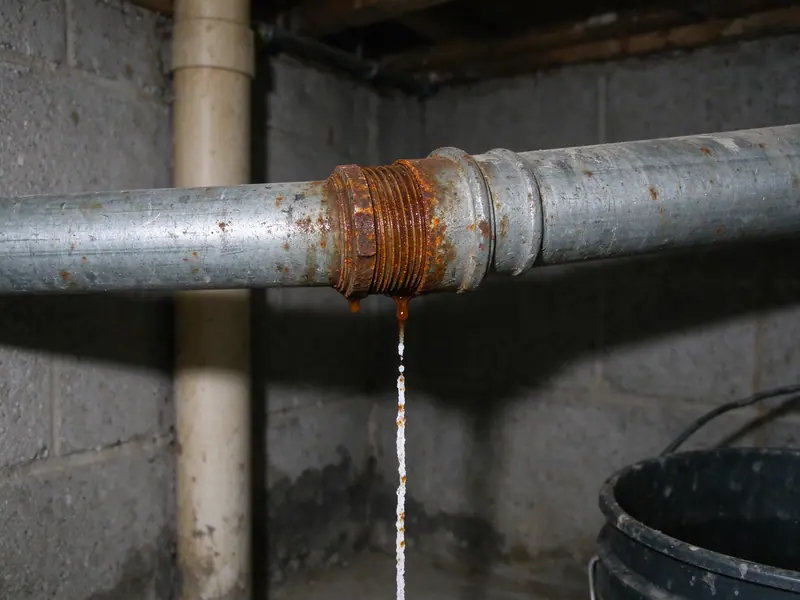 An old galvanized steel water pipe in a basement with a heavily rusted threaded joint weeping a drip of rusty water, a white rust streak running down the pipe