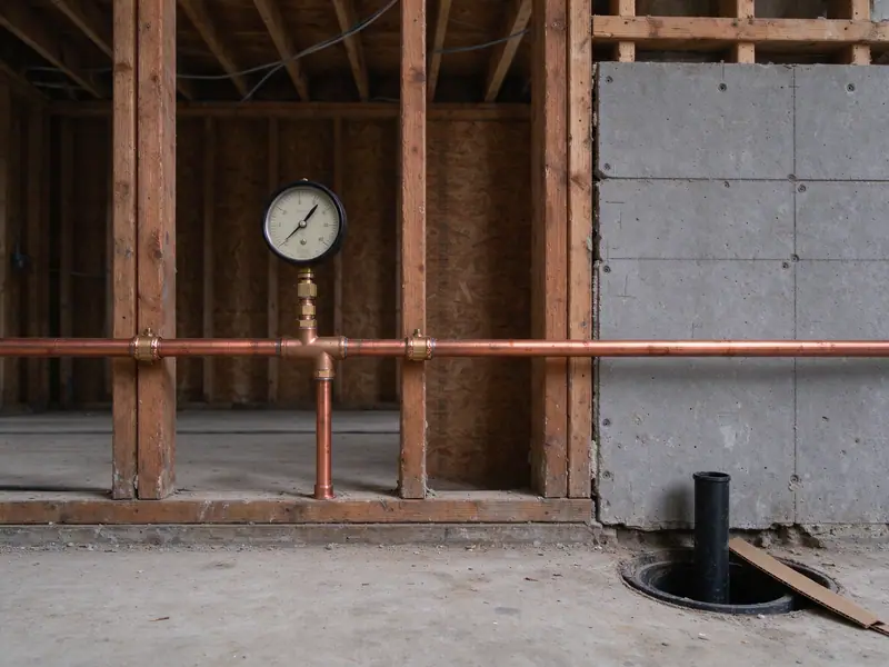 A round dial pressure test gauge on a new copper line among exposed studs in a gut-renovated Brooklyn house, before drywall