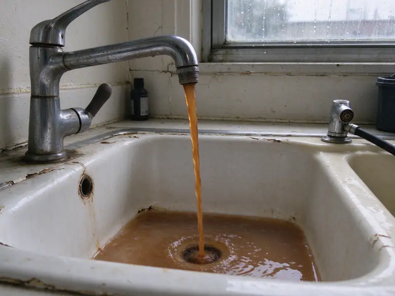 Rust-brown water running from a kitchen faucet into a white sink in an older Queens house