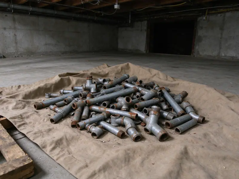 Several cut lengths of old rusty galvanized pipe and fittings piled on a canvas drop cloth on a basement floor after removal