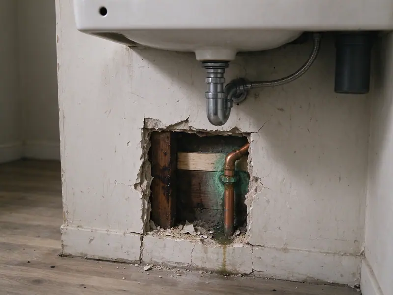 A small square inspection opening cut in a plaster wall below a bathroom sink in a Brooklyn house, revealing a damp wooden stud and a copper pipe with a wet green-stained joint