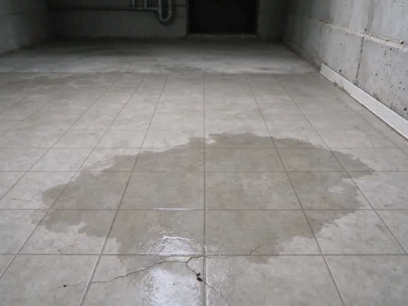 A warm damp patch spreading on a vinyl tile floor in a Queens basement with a slight crack in the concrete slab beneath