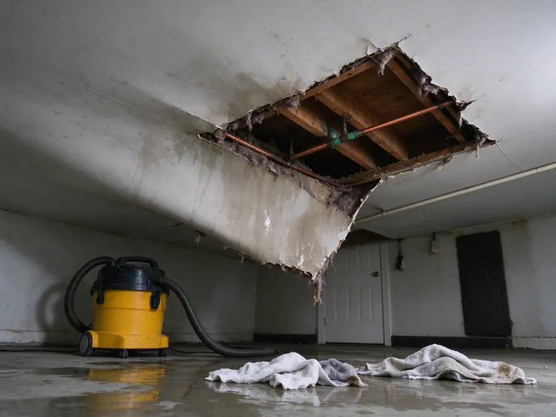 Wet sagging drywall ceiling in a finished basement after a burst pipe, a section already cut away showing joists and a copper line, a wet-dry vacuum and towels on the floor